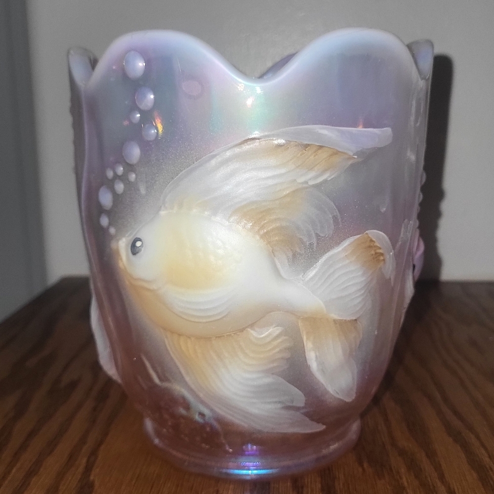 Fenton Vintage Hand Painted Koi Glass Vase.